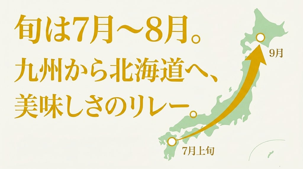 恵味ゴールドが九州の7月上旬から北海道の9月頃まで、産地を移しながら出荷される流れを示した日本地図