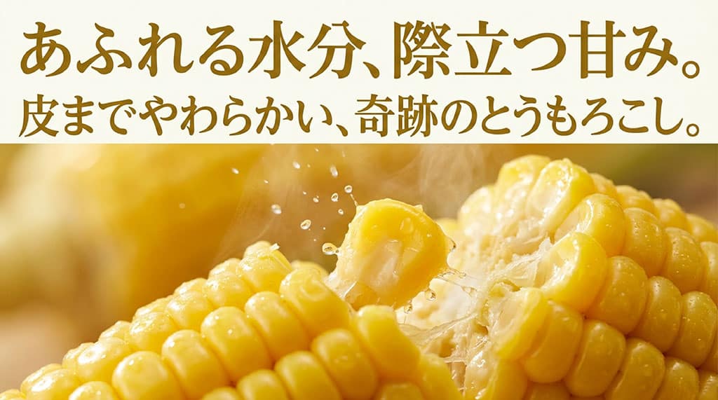 水分があふれる黄色い粒で、恵味ゴールドの強い甘みとやわらかな粒皮を表した画像