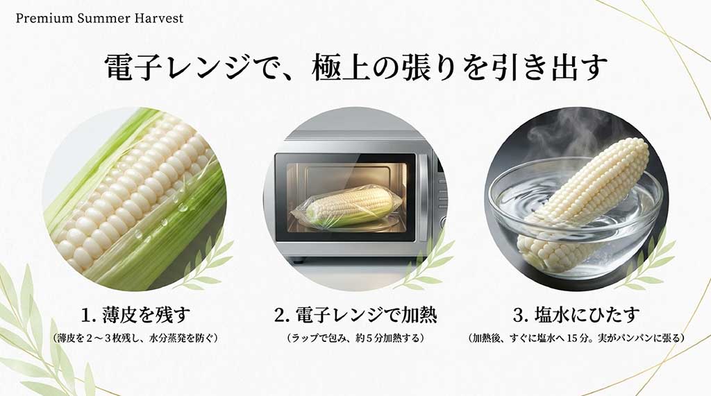 薄皮を残し電子レンジで加熱後塩水に浸す、プリプリに仕上がるレンジ調理手順の解説