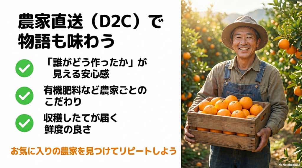 収穫したてのみかんを持つ笑顔の農家。作り手のこだわりや鮮度の良さが伝わる産地直送のイメージ