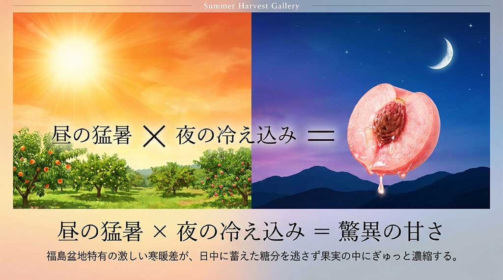 昼の猛暑と夜の冷え込みという福島盆地特有の寒暖差が桃の甘さを凝縮させる解説