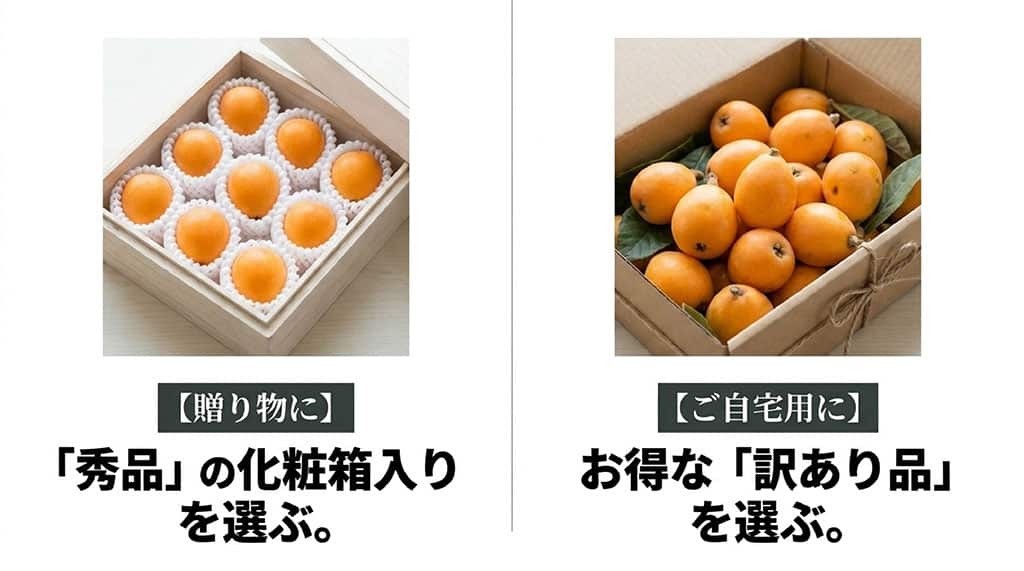 贈答用の化粧箱入り秀品と、自宅用のお得な訳あり茂木びわを比較した選び方