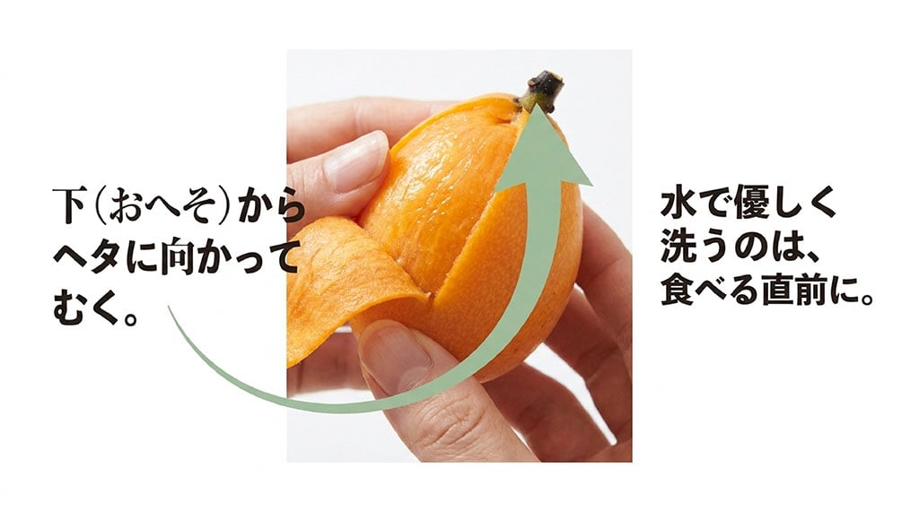 茂木びわの皮を下のおへそ部分からヘタに向かってむく手順
