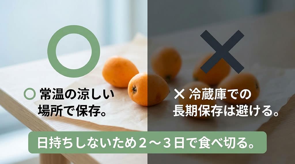 茂木びわは涼しい場所で常温保存し、冷蔵庫での長期保存を避けて2～3日で食べ切る方法