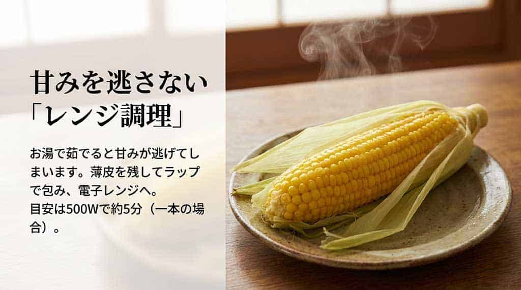 茹でるよりも甘みが逃げない、電子レンジ(500Wで約5分)を使った美味しいトウモロコシの加熱方法