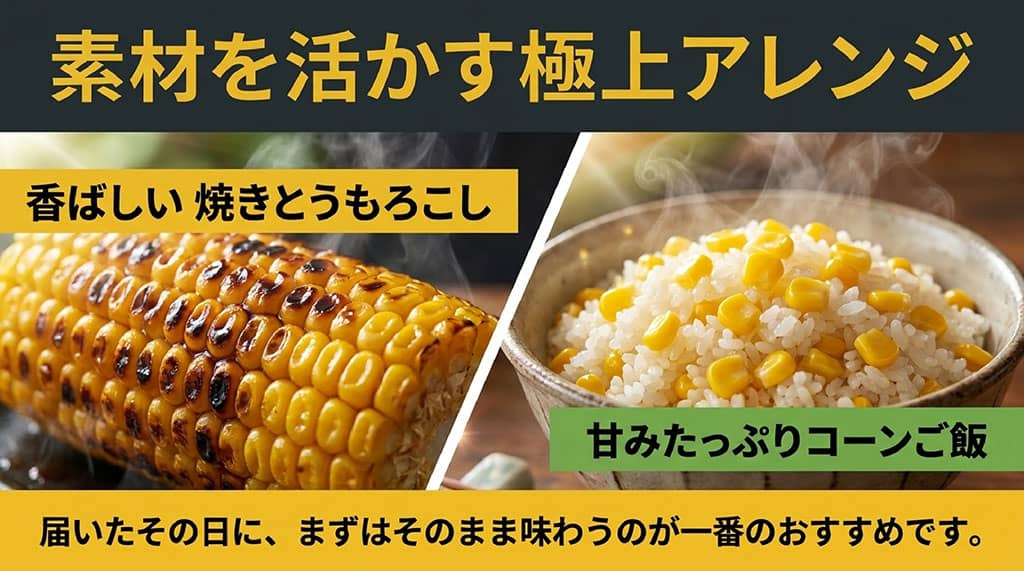 菜の花コーンの甘さを生かした香ばしい焼きとうもろこしとコーンご飯のアレンジ例
