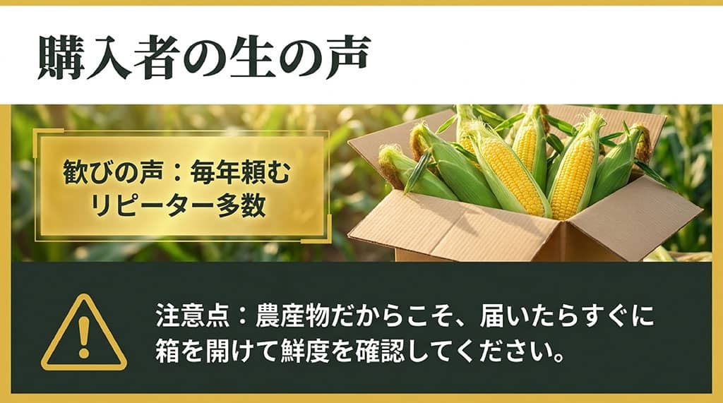 菜の花コーンには毎年注文するリピーターの声があり、到着後すぐに箱を開けて鮮度を確認する必要があることを紹介