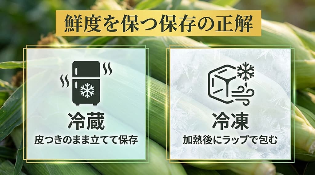 菜の花コーンを皮付きのまま立てて冷蔵し、冷凍する場合は加熱後にラップで包む保存方法