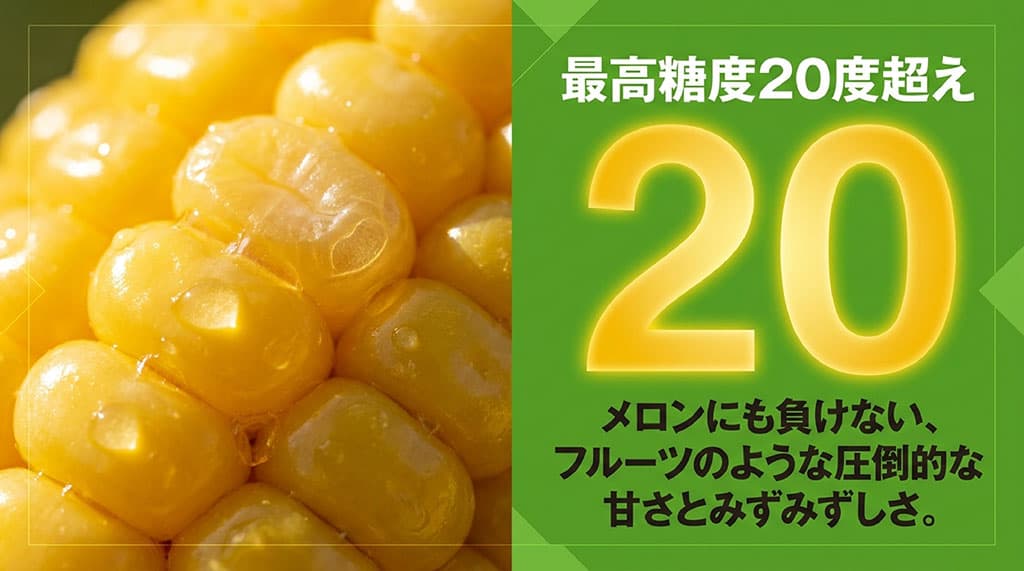 菜の花コーンが最高糖度20度を超えることもある甘くみずみずしいとうもろこしであることを紹介