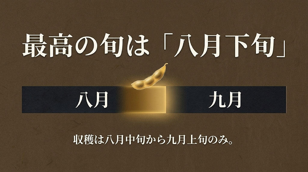 ぴかり茶豆の収穫期は8月中旬から9月上旬で、旬の中心は8月下旬と示した図