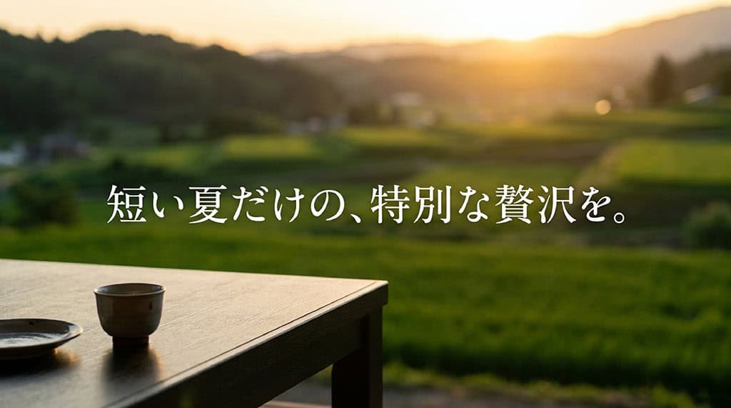 夕暮れの田園風景と「短い夏だけの、特別な贅沢を」というメッセージ