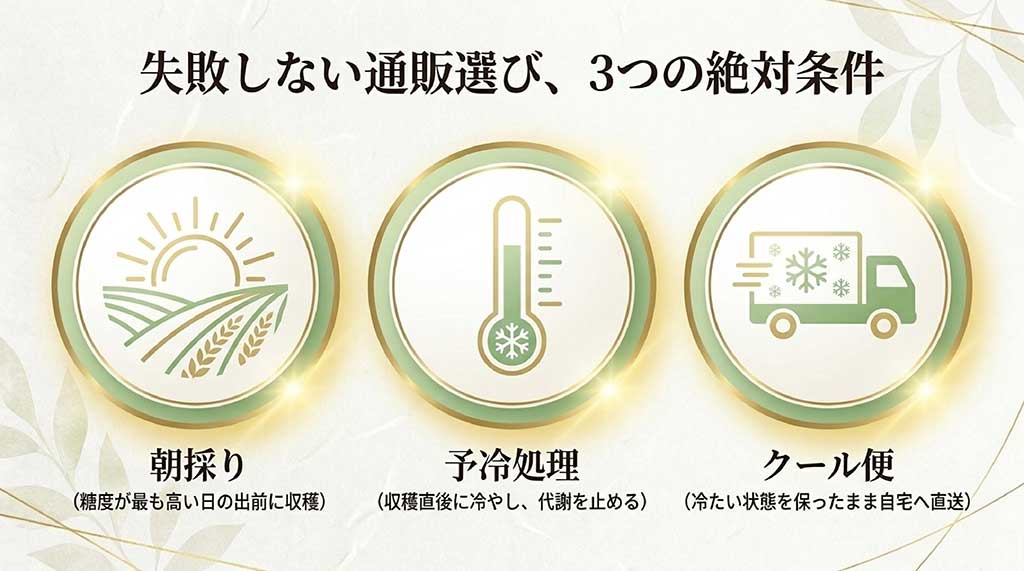 朝採り・予冷処理・クール便配送の3条件を満たす信頼できる通販ショップの選び方