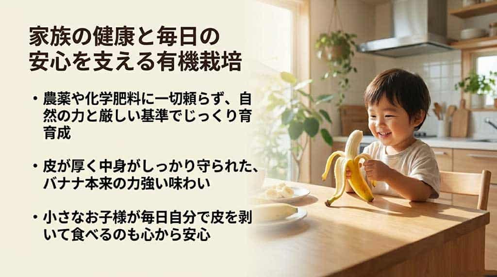 農薬・化学肥料不使用の厳しい基準で育てられた有機栽培バナナの安心感を説明するスライド