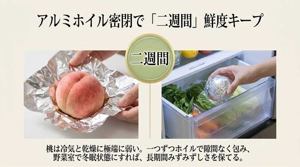 アルミホイルで包んで野菜室保管することで長期間みずみずしさを保つ桃の保存法