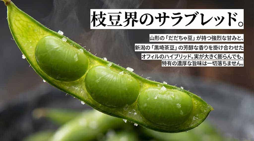 山形の「だだちゃ豆」の甘みと新潟の「黒埼茶豆」の香りを掛け合わせたハイブリッド品種の説明