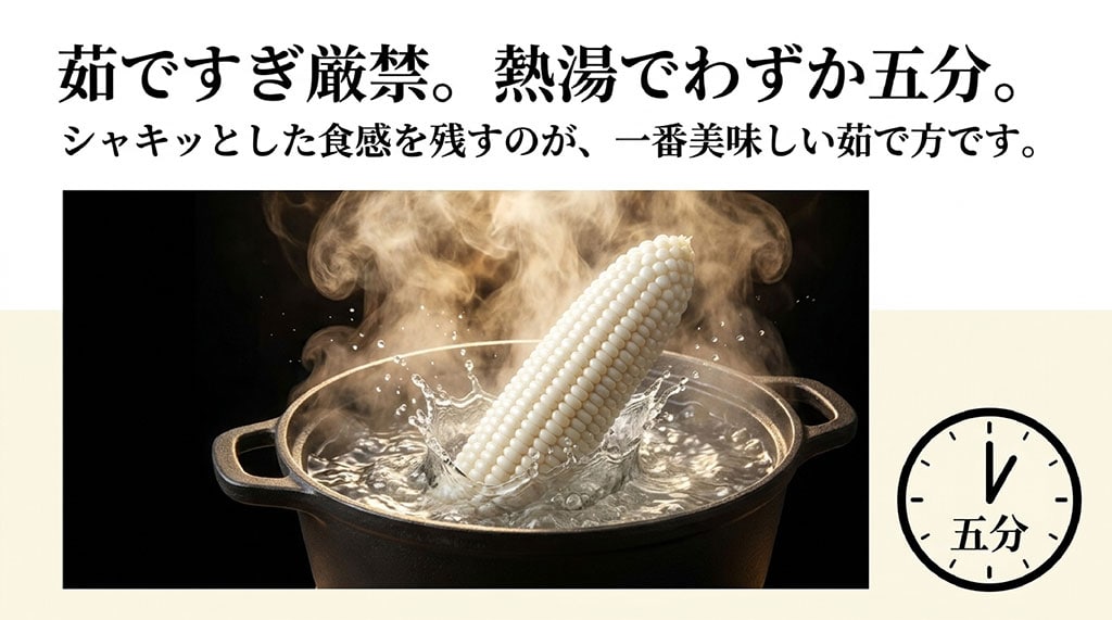 ピュアホワイトを茹ですぎず、沸騰したお湯で約5分茹でる方法を示したスライド