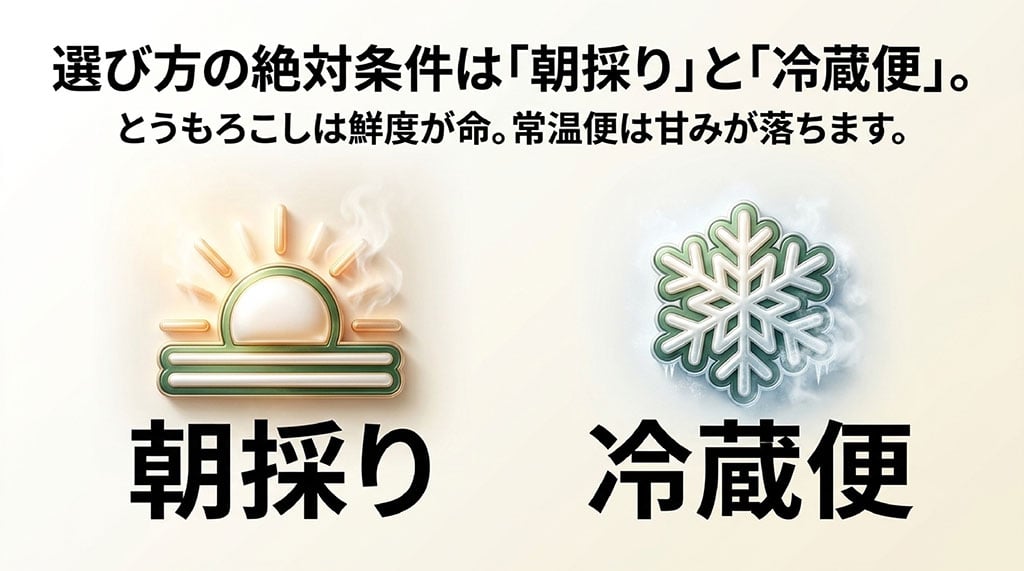 朝採りと冷蔵便をピュアホワイト通販の重要な選定条件として示したスライド