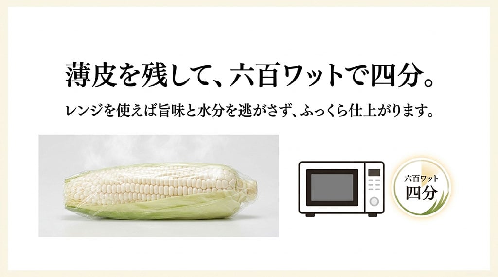 薄皮を残したピュアホワイトを電子レンジ600Wで約4分加熱する方法を示したスライド