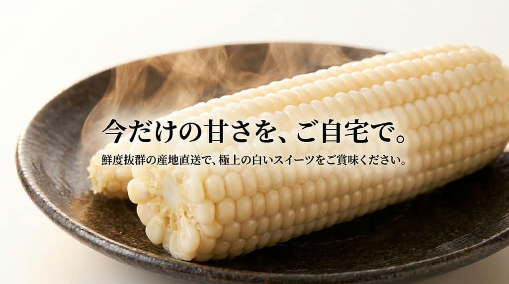 茹でたピュアホワイトと、旬の甘さを産地直送で自宅に取り寄せることを伝える締めのスライド
