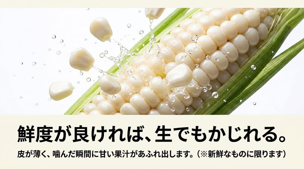 みずみずしいピュアホワイトの白い粒と、鮮度がよければ生でも食べられることを示したスライド