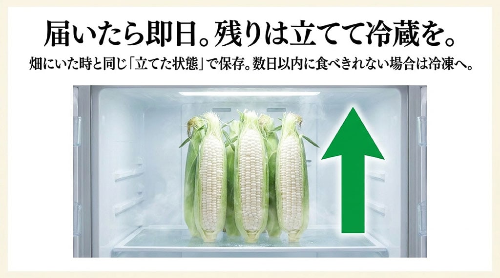 ピュアホワイトを届いた日に確認し、切り口を下にして冷蔵庫内へ立てて保存する方法を示したスライド