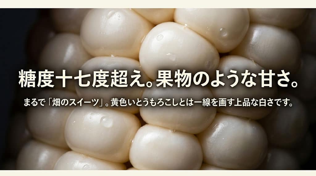 白い粒が並ぶピュアホワイトと、糖度17度超で果物のように甘い特徴を示したスライド