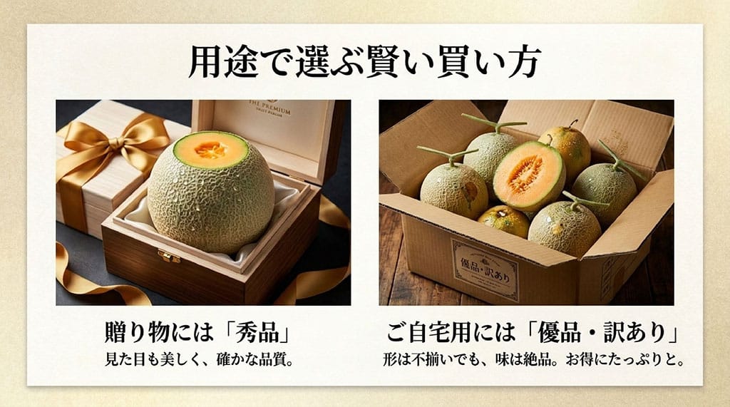 らいでんメロンは贈り物なら秀品、自宅用なら優品や訳ありを選ぶ方法を写真で比較したスライド