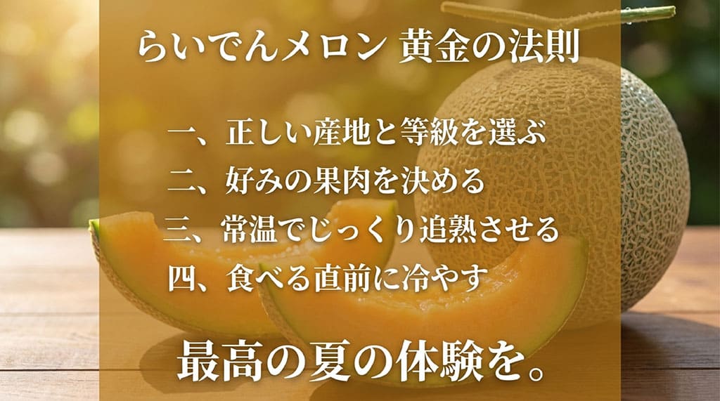 らいでんメロン選びのポイントとして、産地と等級、果肉の種類、常温追熟、食べる前の冷却をまとめたスライド