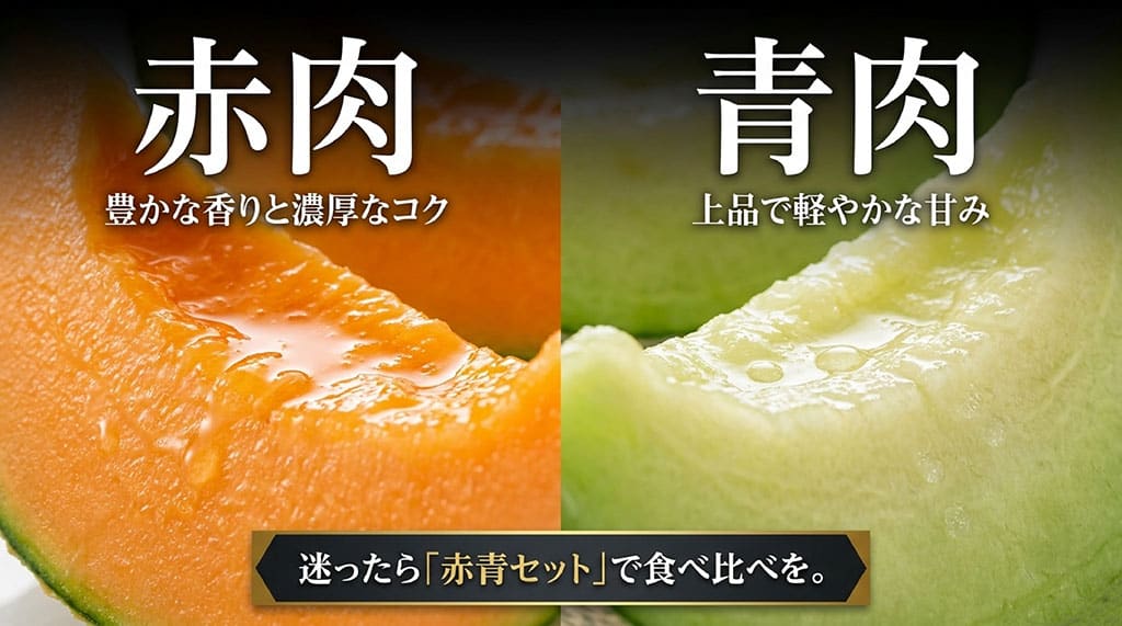 らいでんメロンの赤肉は豊かな香りと濃厚なコク、青肉は上品で軽やかな甘みと比較したスライド
