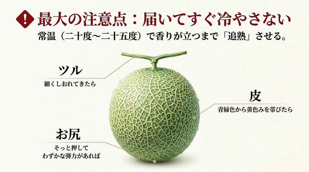 らいでんメロンを常温で追熟し、ツルのしおれ、果皮の黄み、お尻の弾力で食べ頃を見分ける方法
