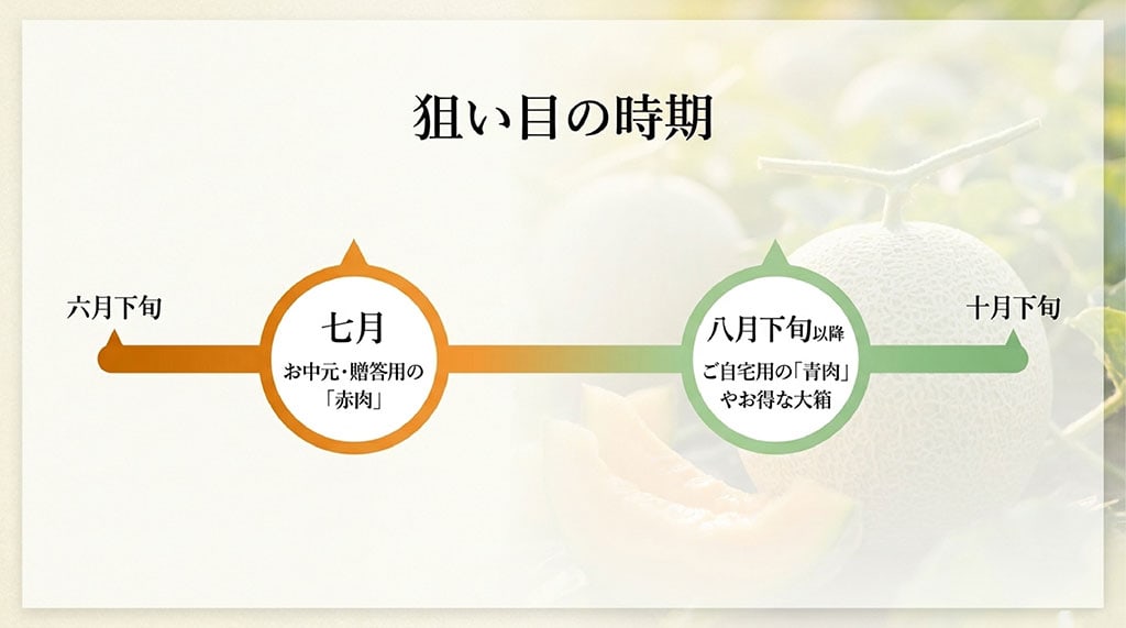らいでんメロンの出荷時期を6月下旬から10月下旬まで示し、7月は贈答用赤肉、8月下旬以降は自宅用青肉や大箱が狙い目と説明した図