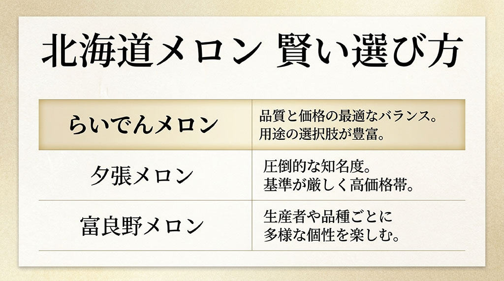 らいでんメロン、夕張メロン、富良野メロンの価格帯や知名度、商品の選択肢を比較した表