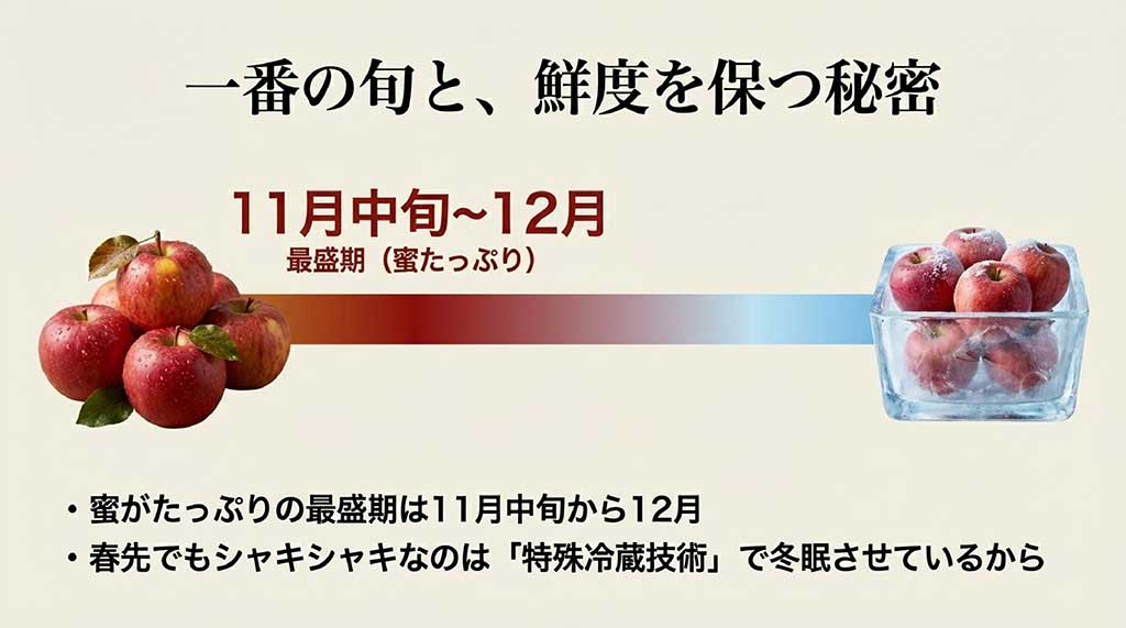 11月中旬から12月の最盛期と、春先までシャキシャキ感を保つ特殊冷蔵技術(冬眠状態)についての解説