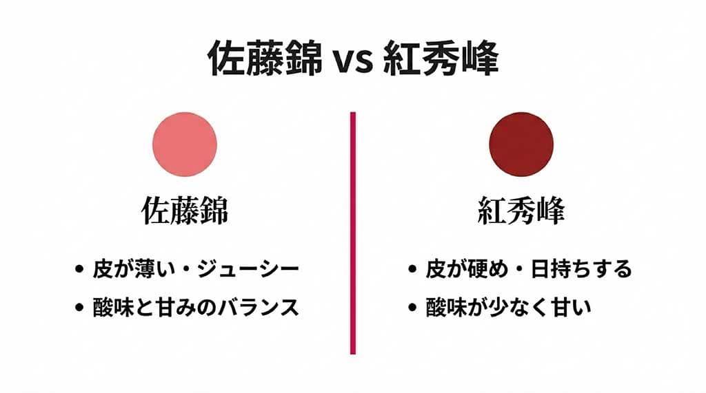 佐藤錦と紅秀峰の皮の厚さ、甘み、酸味、日持ちの違いを比較した図