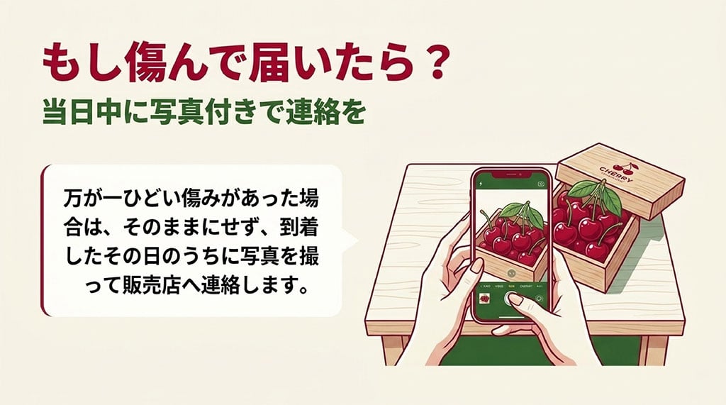 傷みがあった場合に到着当日中に写真を撮影して販売店へ連絡する手順を示したイラスト付きスライド画像