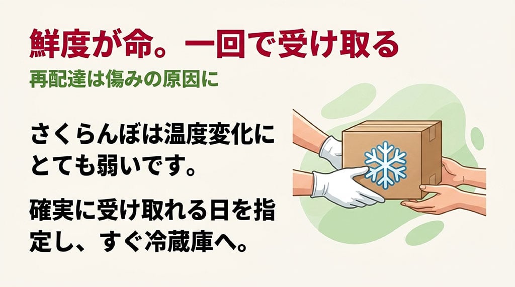 温度変化に弱い佐藤錦を初回配達で確実に受け取り冷蔵庫に入れる注意点を解説したスライド画像