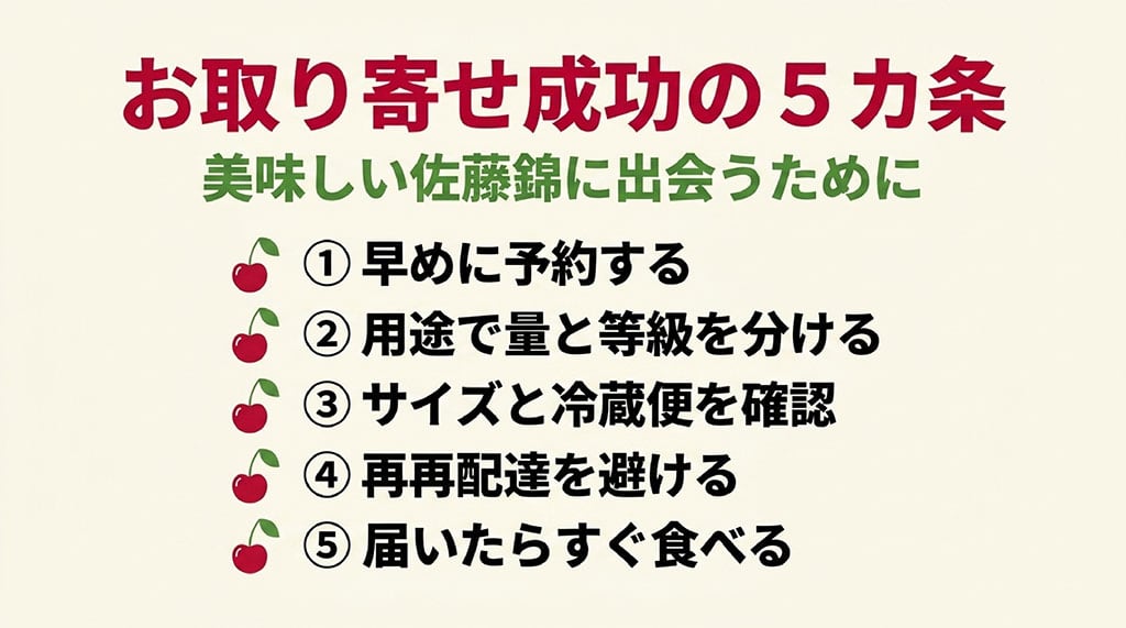 早めの予約・用途別選択・サイズ冷蔵便確認・再配達回避・すぐ食べるの5カ条をまとめたスライド画像
