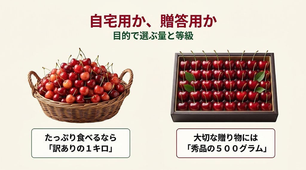 自宅用なら訳あり1kg、贈答用なら秀品500gをおすすめする目的別選び方のスライド画像