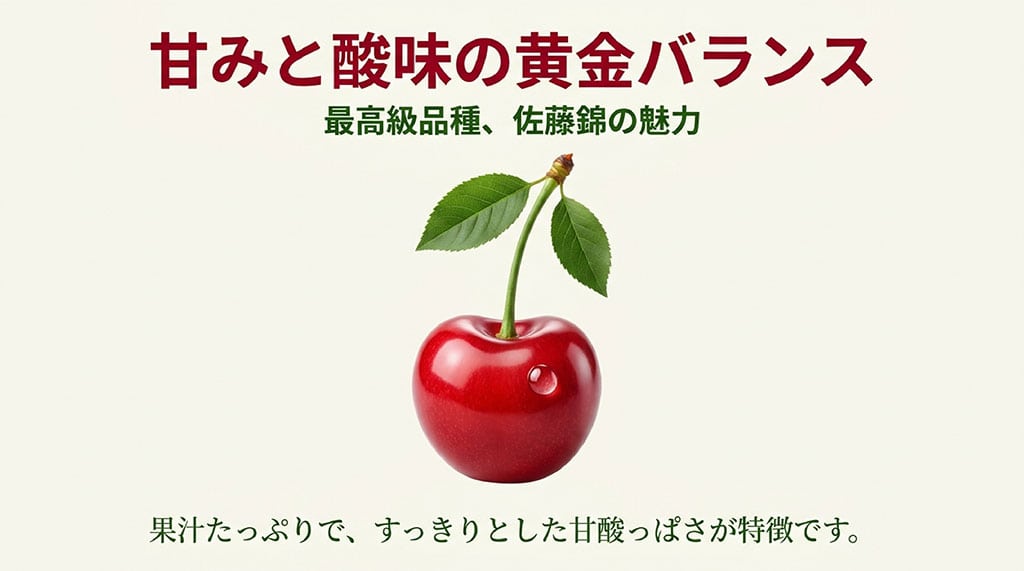 佐藤錦の魅力である甘みと酸味の黄金バランスと果汁の多さを解説したスライド画像