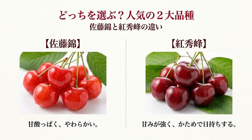 甘酸っぱくやわらかい佐藤錦と、甘みが強くかためで日持ちする紅秀峰の違いを比較したスライド画像
