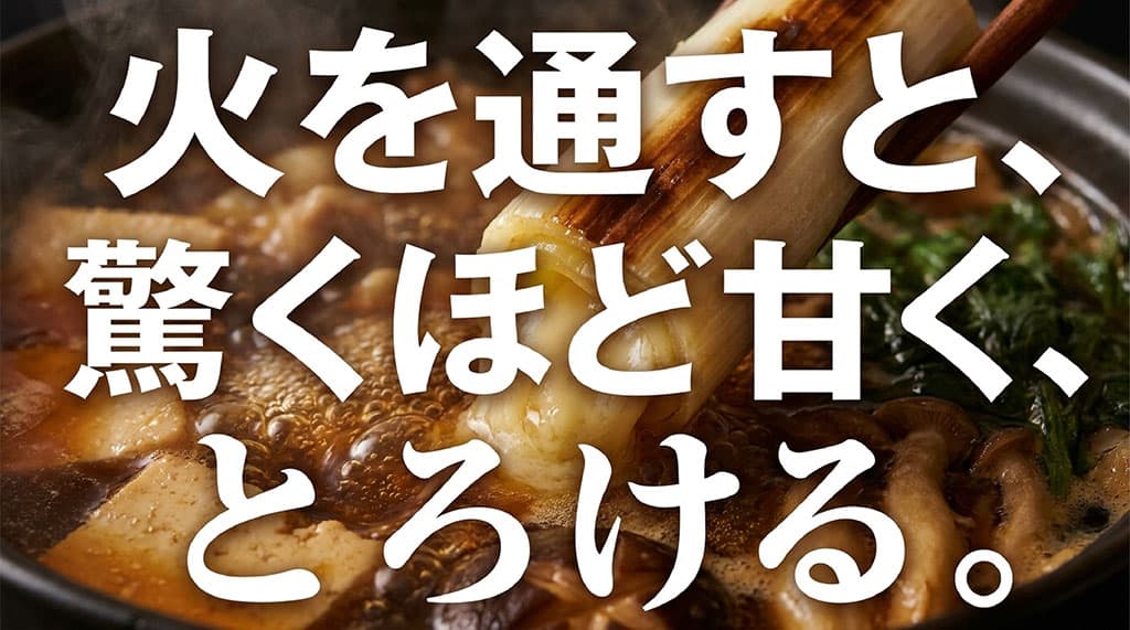 すき焼きで加熱した下仁田ネギが甘く柔らかくとろける様子