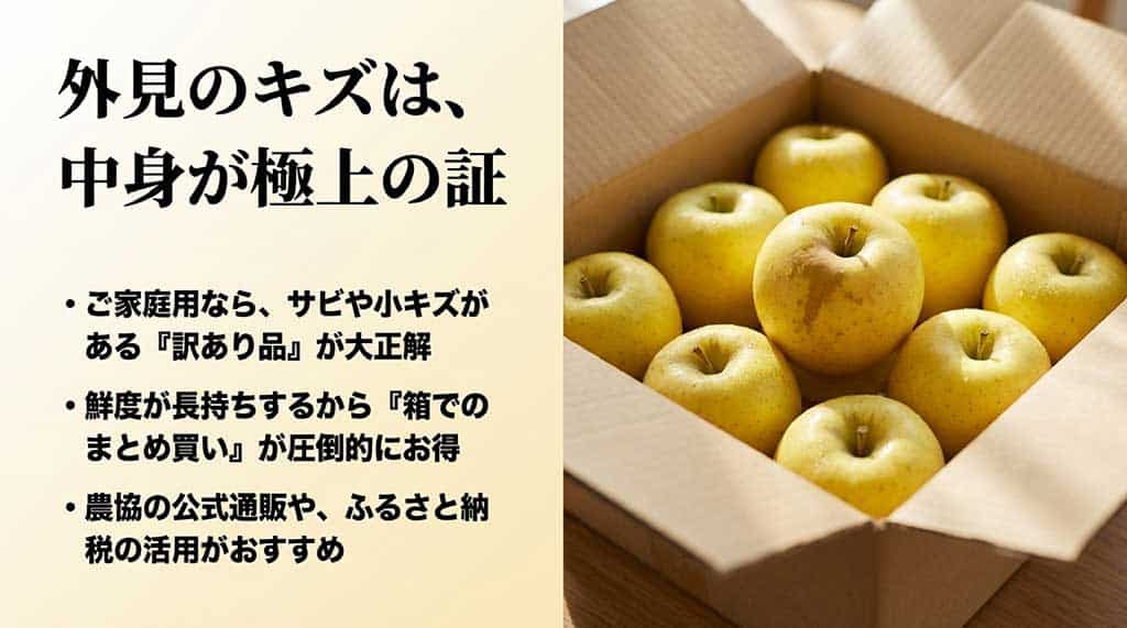 外見のキズが中身の良さの証であることや、公式通販・ふるさと納税の活用を勧める資料