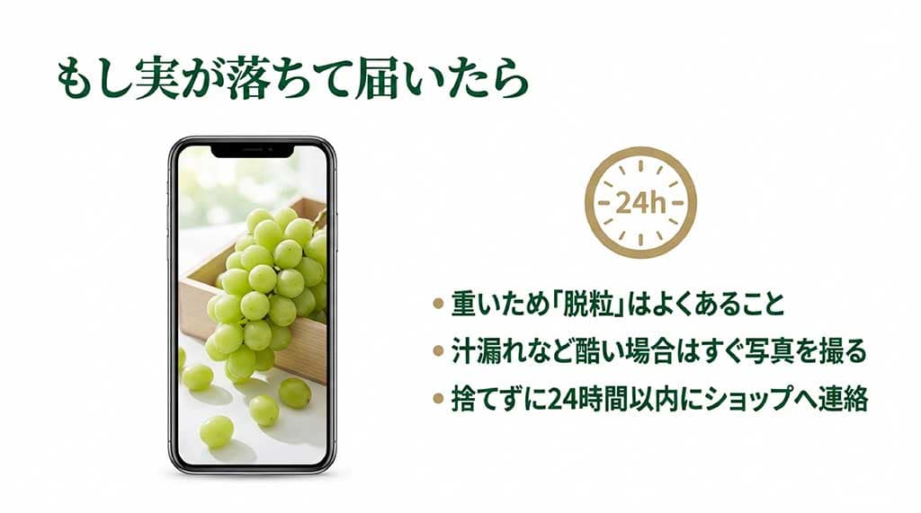 脱粒があった場合にスマホで写真を撮り、捨てずに24時間以内にショップへ連絡する手順の解説