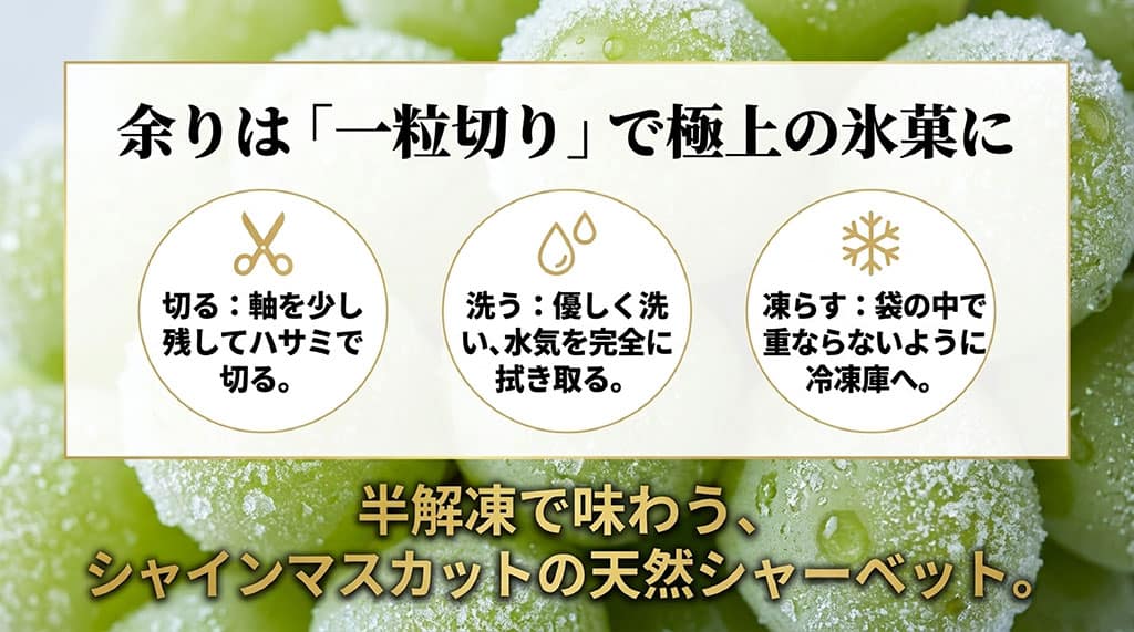 軸を少し残して粒を切り分け、洗って水気を拭き、重ならないよう冷凍するシャインマスカットの保存手順