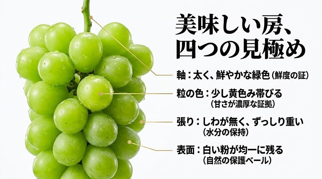 軸の緑色、粒の色と張り、表面のブルームで美味しいシャインマスカットを見分ける4つのポイント