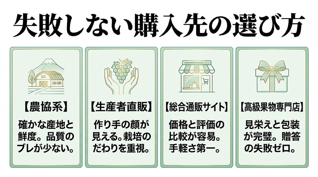 JA系、生産者直販、総合通販サイト、高級果物専門店の特徴を比較したシャインマスカット購入先の選び方
