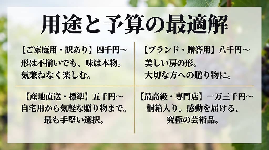 家庭用訳あり、産地直送、ブランド贈答用、高級専門店のシャインマスカット価格帯を用途別に比較