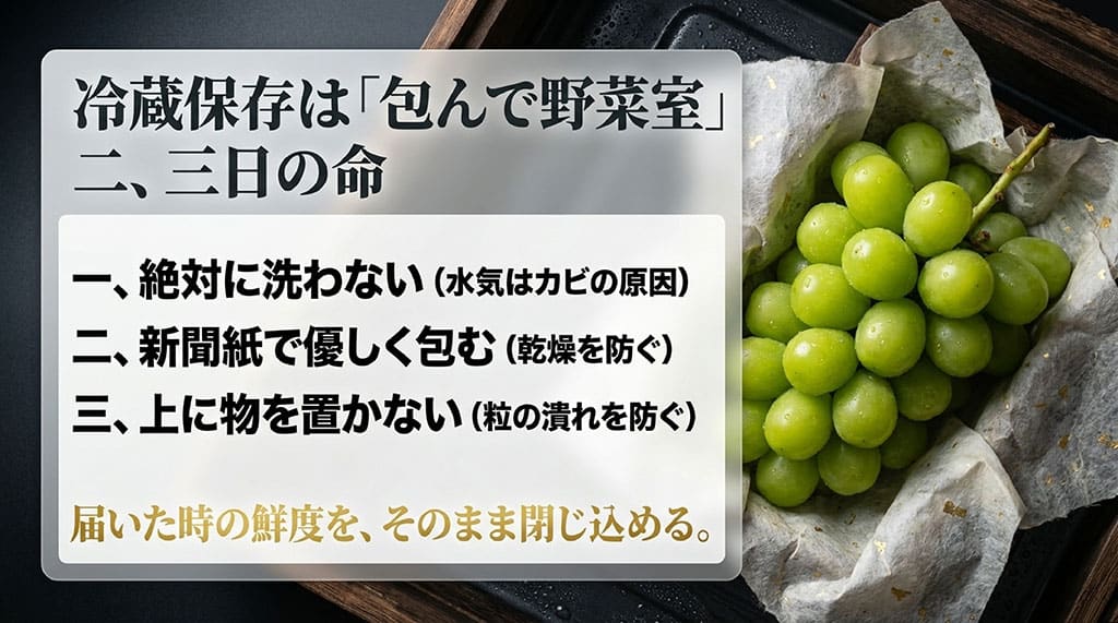 保存前は洗わず新聞紙で包んで野菜室に入れ、粒を圧迫しないシャインマスカットの冷蔵保存方法