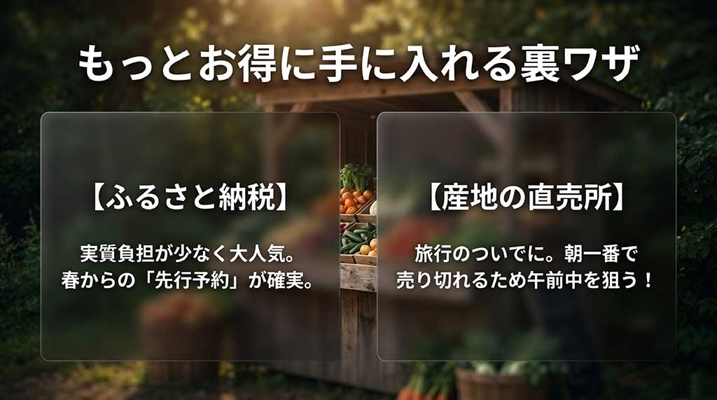 ふるさと納税の先行予約や現地直売所の午前中の利用を解説した画像