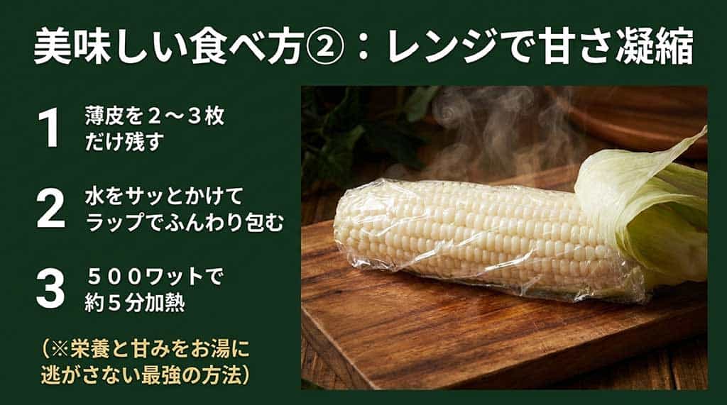 薄皮を残してラップで包み500Wで約5分加熱するレンジ調理の手順画像